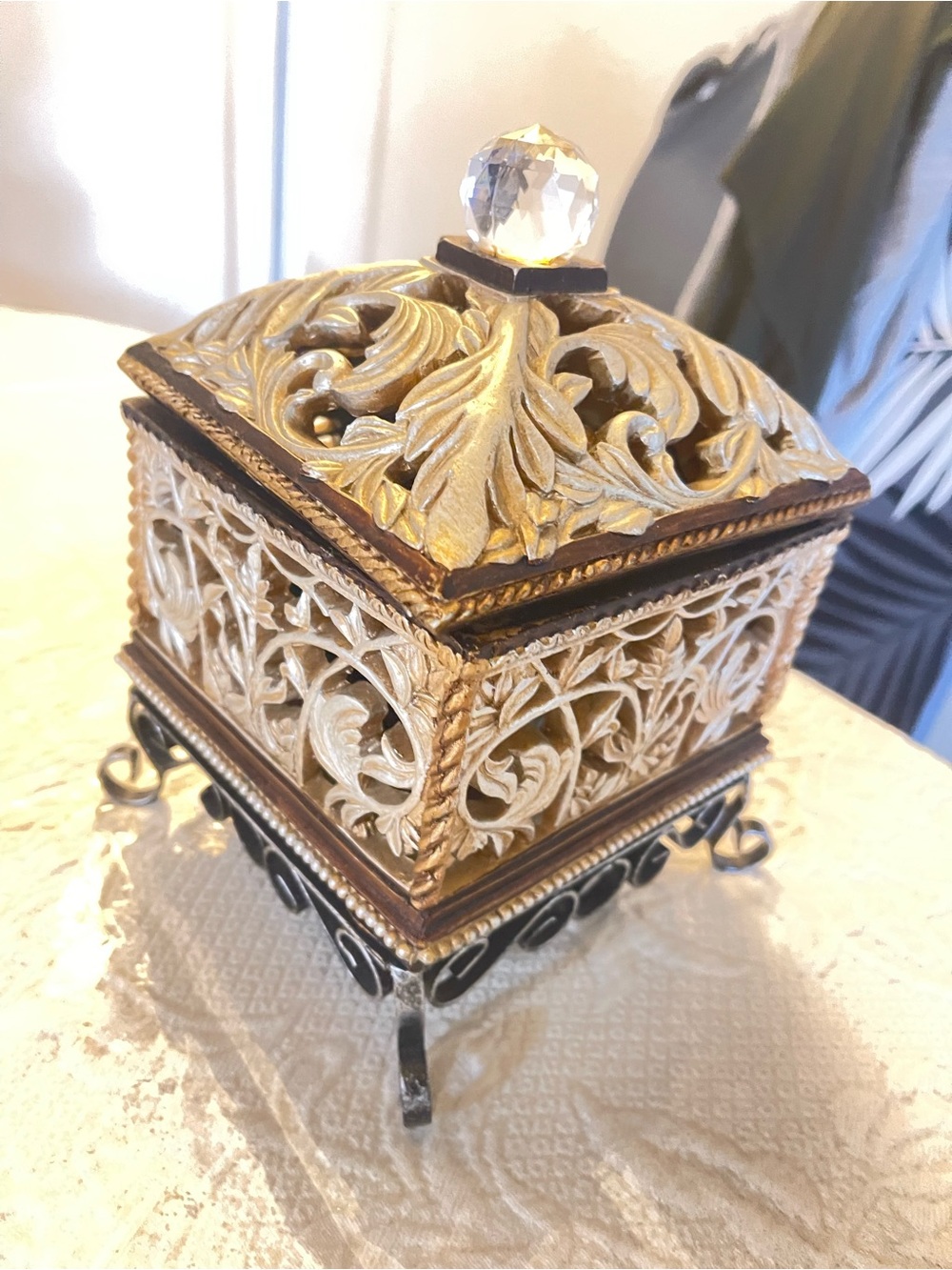 Antique Ornate Gold and Cream Decorative Jewelry Box with Crystal Knob